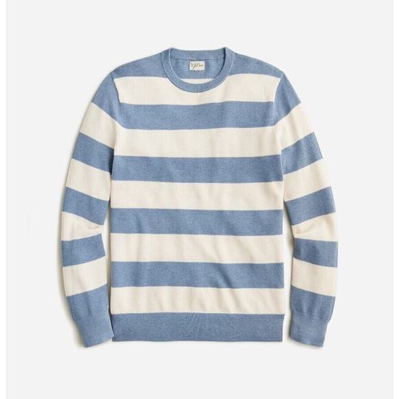 New! J. Crew Blue/White Cotton Piqué-Stitch Crewneck Sweater Large - Picture 2 of 8
